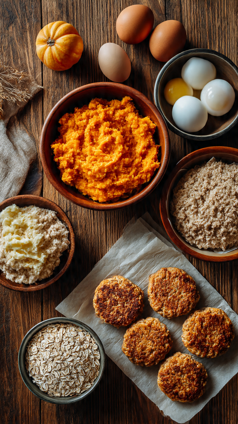 “Top-down flat-lay showing the full recipe: a bowl of ground turkey, mashed sweet potato, oats, and eggs arranged separately, with uncooked patties on parchment paper and cooked patties in the center. Wooden surface, minimal fall decor, bright overhead lighting, professional recipe-style food layout.”